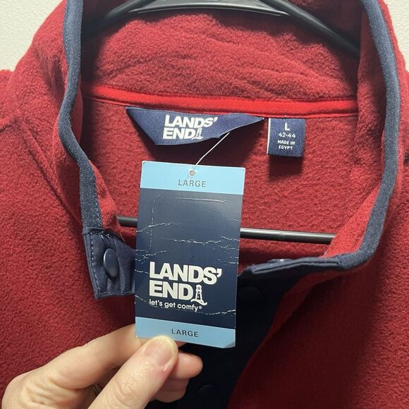 Lands End Mens Size Large Fleece Snap Neck Pullover Sweatshirt Red Blue NEW - Picture 3 of 5